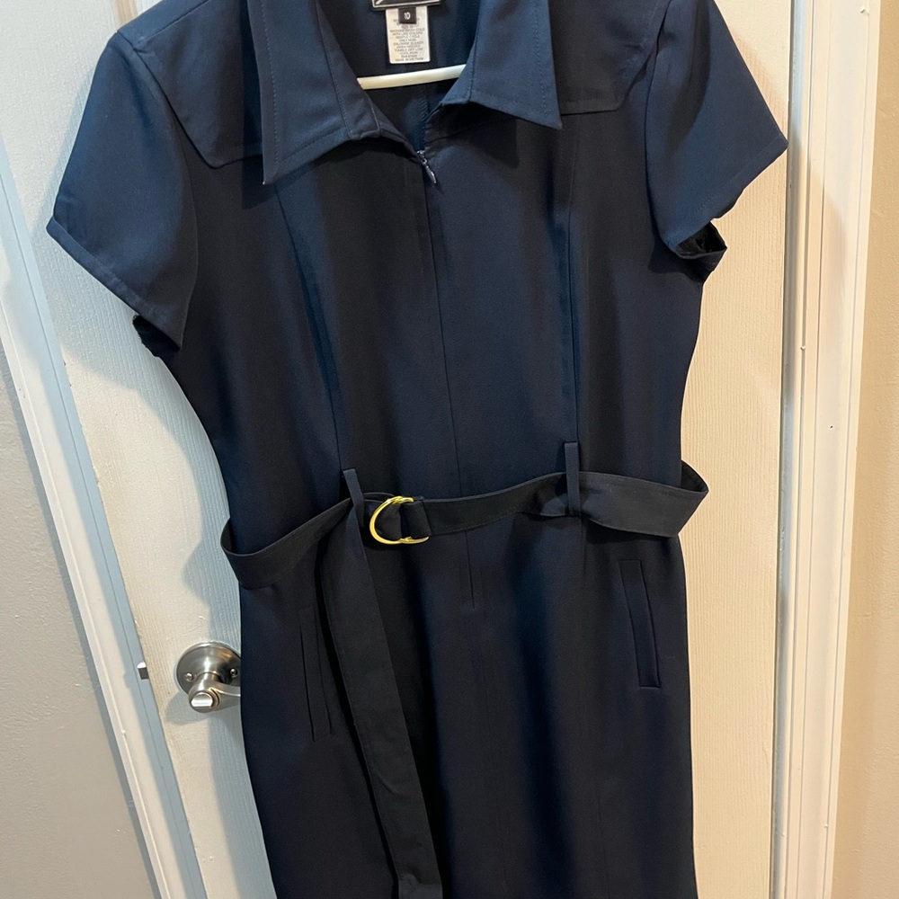 Navy Blue Belted Short Sleeve Zip Up Business Dress Size 10